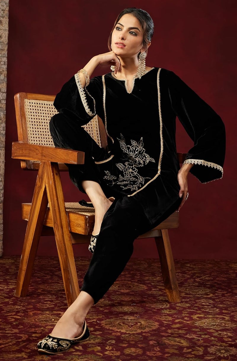 Janasya Women's Black Velvet Embroidered Straight Co-ord Set - Image 3