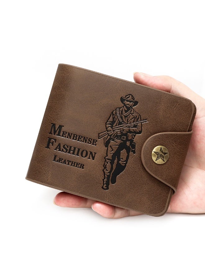Menbense Fashion Men’s PU Leather Bifold Wallet – Motorcycle Rider Design, Brown Short Wallet with Snap Closure, 8 Card Slots, Coin Pocket  Photo ID Holder - Image 3