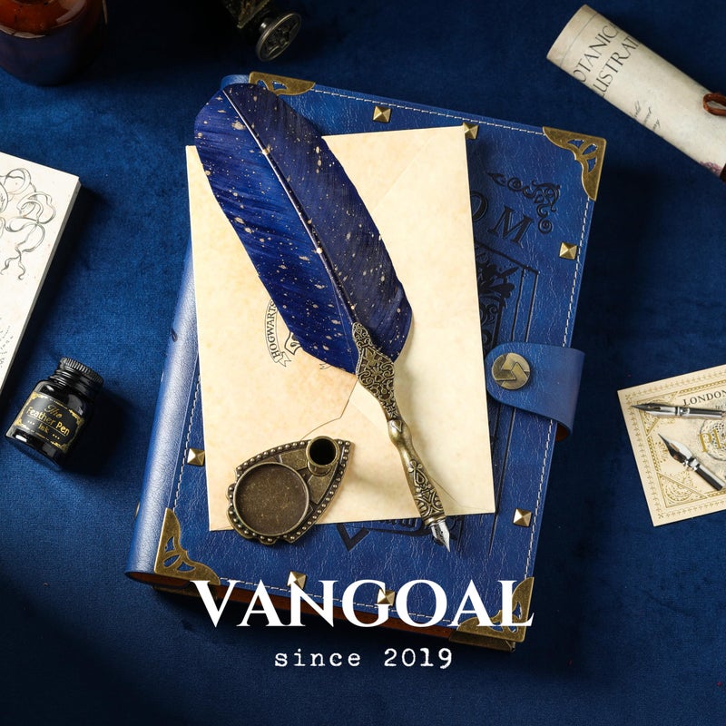 VANGOAL Vintage Carving Feather Pen Set, Glittering Quill Set Antique Calligraphy Writing Dip with Ink, 2 Replacement Nibs, Stand Base, Luxury Signature (Blue) - Image 3