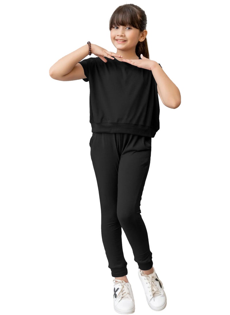 Selecta Now kids girls black t shirt top legging set soft stretchable cotton casual outfit comfortable stylish everyday wear co ord set - Image 1