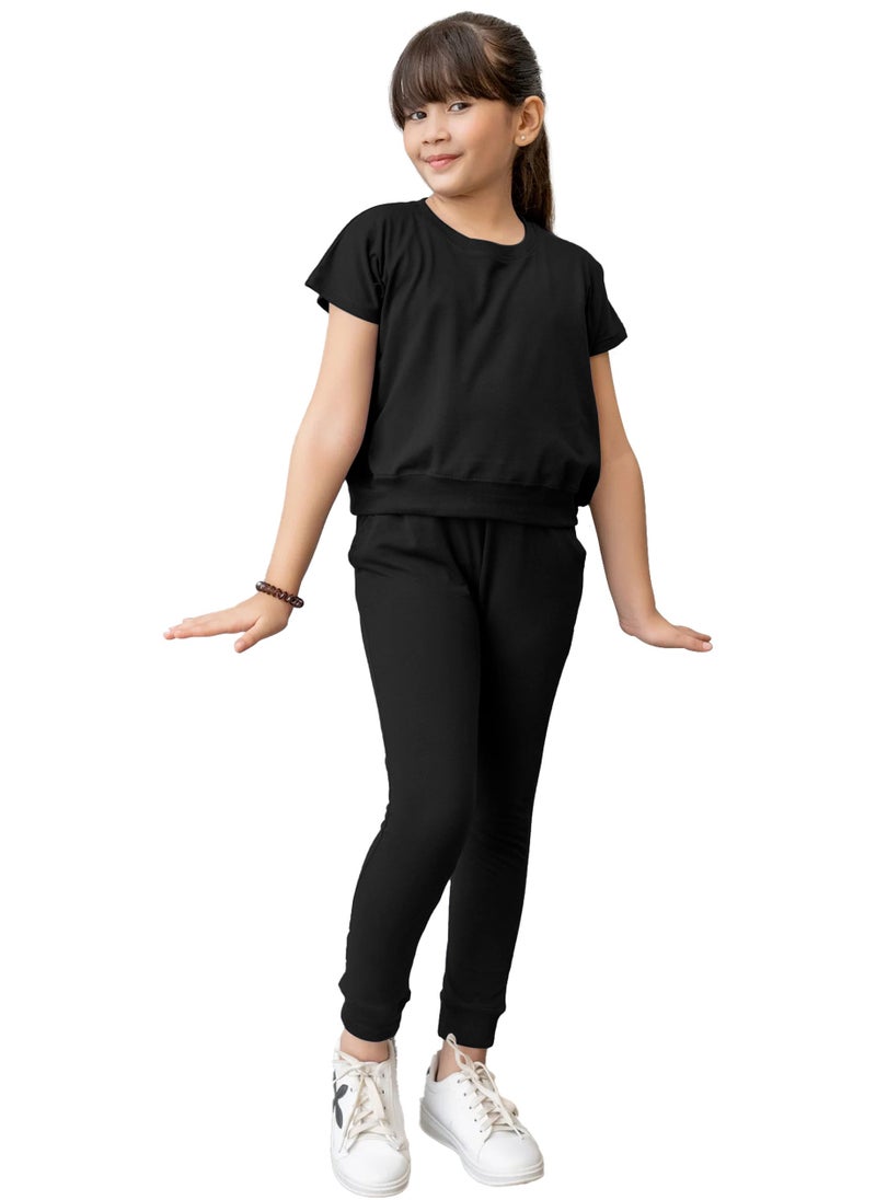 Selecta Now kids girls black t shirt top legging set soft stretchable cotton casual outfit comfortable stylish everyday wear co ord set - Image 2
