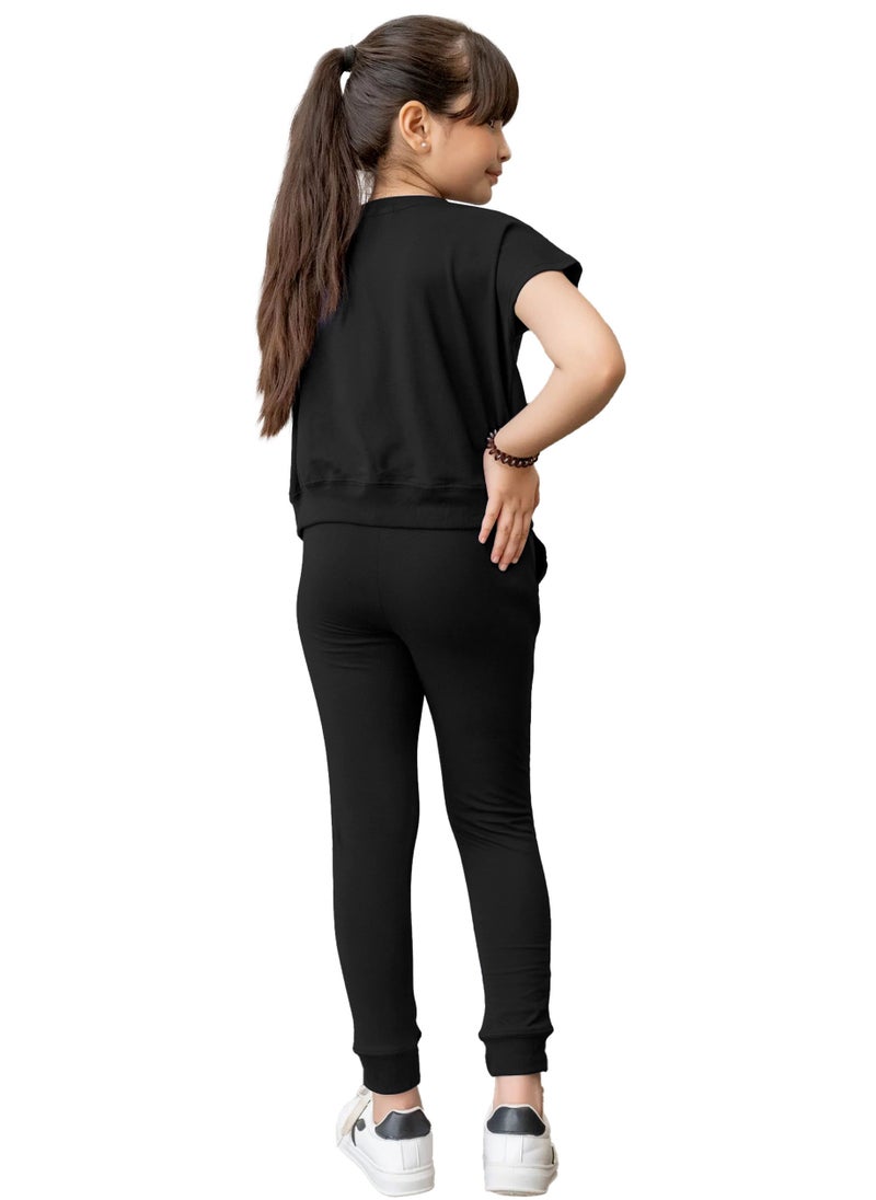 Selecta Now kids girls black t shirt top legging set soft stretchable cotton casual outfit comfortable stylish everyday wear co ord set - Image 4