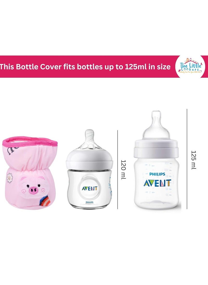 The Little Lookers THE LITTLE LOOKERS Soft Plush Stretchable Baby Feeding Bottle Cover with Easy to Hold Strap | Cute Animated Overall Print Pack of 2 (Pink & Blue, Wide Neck 125ml/4oz) Cartoon Print May Very  - Image 5