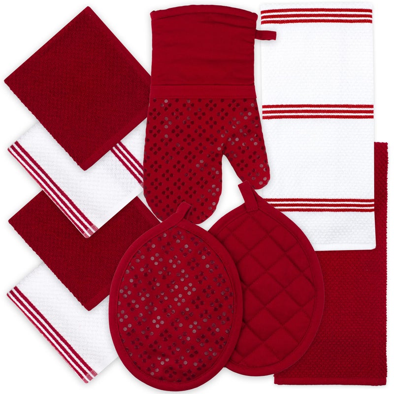 Sticky Toffee Sticky Toffee 9Piece Kitchen Set  Red 100 Cotton Terry Dish Towels Dishcloths Oven Mitts and Pot Holders with NonSlip Silicone OekoTex Cotton 