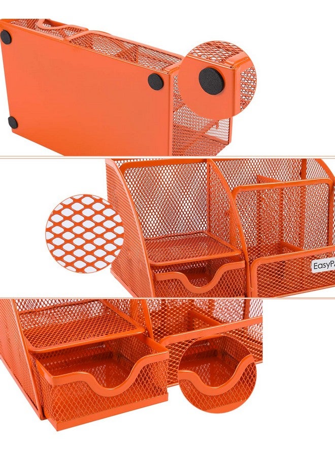 EasyPag Desk Organizer Mesh Desktop Office Supplies Multifunctional Caddy Pen Holder Stationery With 6 Compartments And 1 Drawer For Office Home School Classroom Orange - Image 5