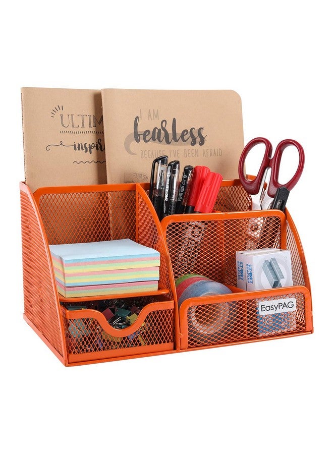EasyPag Desk Organizer Mesh Desktop Office Supplies Multifunctional Caddy Pen Holder Stationery With 6 Compartments And 1 Drawer For Office Home School Classroom Orange - Image 1