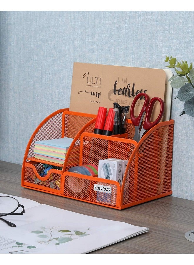 EasyPag Desk Organizer Mesh Desktop Office Supplies Multifunctional Caddy Pen Holder Stationery With 6 Compartments And 1 Drawer For Office Home School Classroom Orange - Image 4