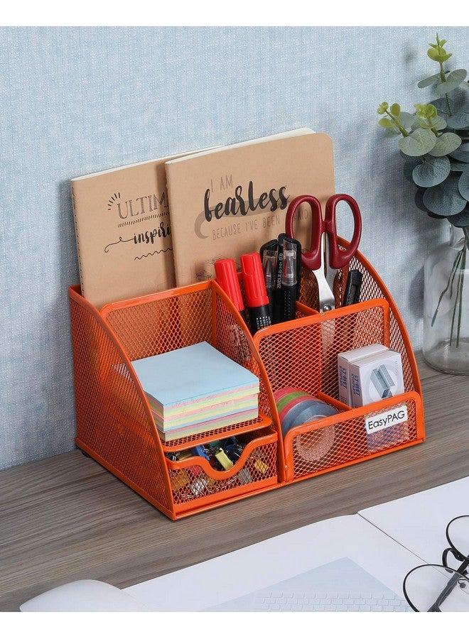 EasyPag Desk Organizer Mesh Desktop Office Supplies Multifunctional Caddy Pen Holder Stationery With 6 Compartments And 1 Drawer For Office Home School Classroom Orange - Image 3