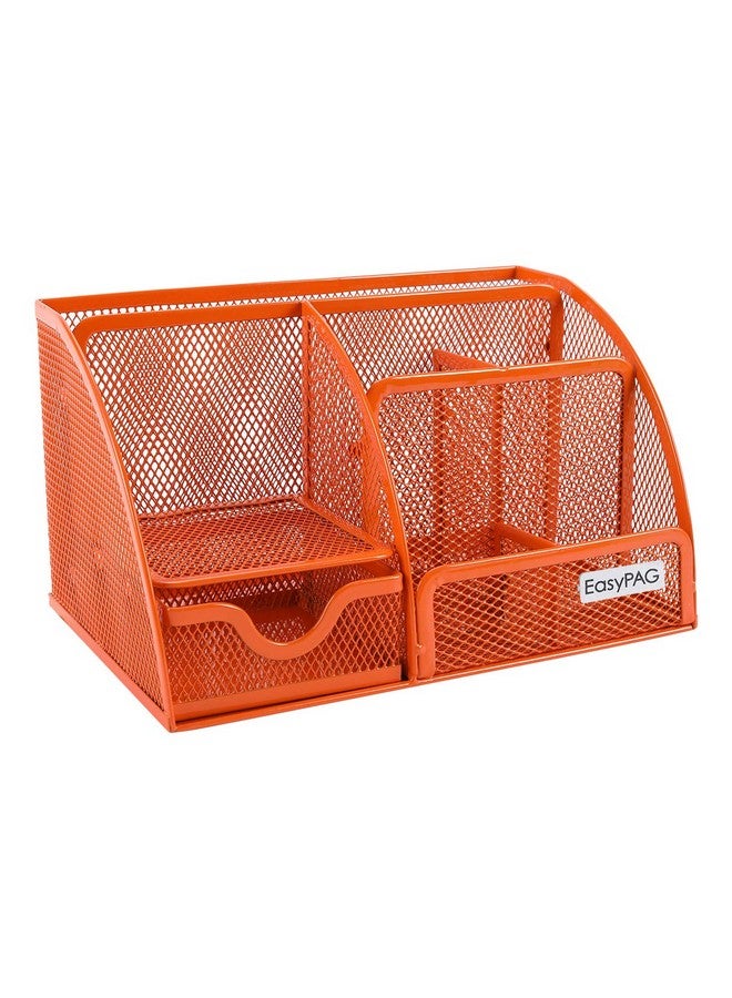 EasyPag Desk Organizer Mesh Desktop Office Supplies Multifunctional Caddy Pen Holder Stationery With 6 Compartments And 1 Drawer For Office Home School Classroom Orange - Image 2