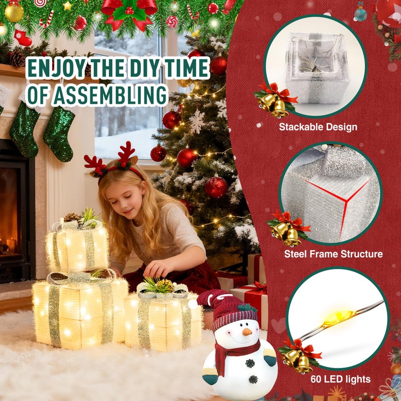 MICLIONLED Set Of 3 Christmas Lighted Gift Boxes Outdoor Indoor Christmas Decorations Plug-In 65 Led Light Up Present Boxes For Christmas Trees Indoor Outdoor Home Yard Lawn Holiday Birthday Party Decor - Image 4