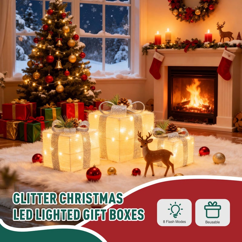 MICLIONLED Set Of 3 Christmas Lighted Gift Boxes Outdoor Indoor Christmas Decorations Plug-In 65 Led Light Up Present Boxes For Christmas Trees Indoor Outdoor Home Yard Lawn Holiday Birthday Party Decor - Image 3