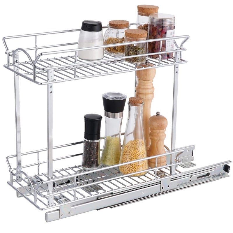 OCG Slide Out Cabinet Organizer for Narrow Cabinet 5 W X 21 D 2 Tier Pull Out Shelves Slim Sliding Cabinet Organizer and Storage Chrome