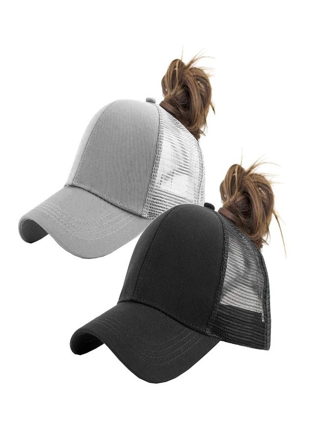 IZUS Solid Ponytail Hat Baseball Cap Cotton Mesh High Bun Pony Cap Women 56-58cm (22"-23") (Black_and_Grey_2pcs, Adjustable, m) - Image 1