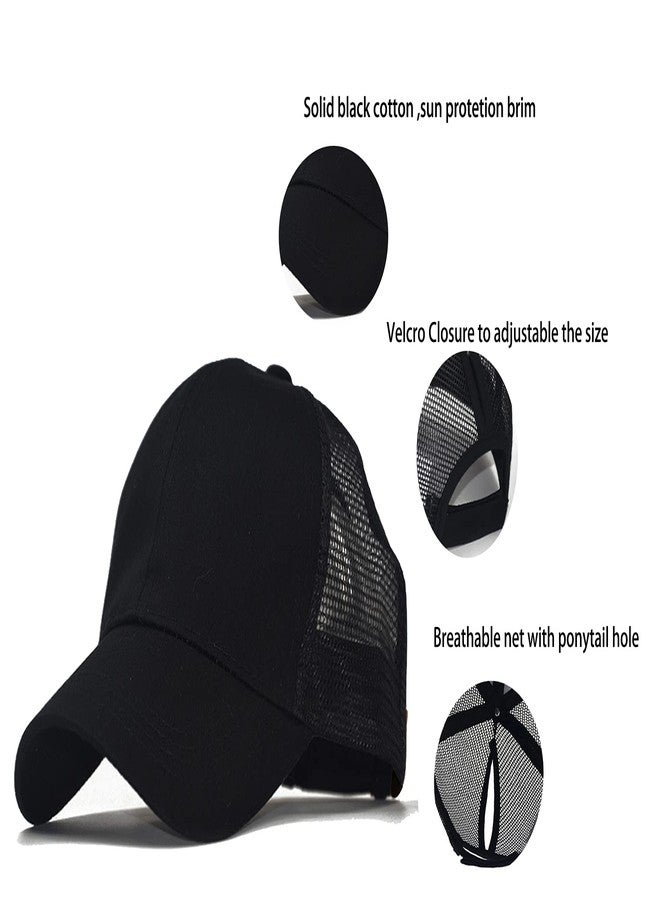 IZUS Solid Ponytail Hat Baseball Cap Cotton Mesh High Bun Pony Cap Women 56-58cm (22"-23") (Black_and_Grey_2pcs, Adjustable, m) - Image 3