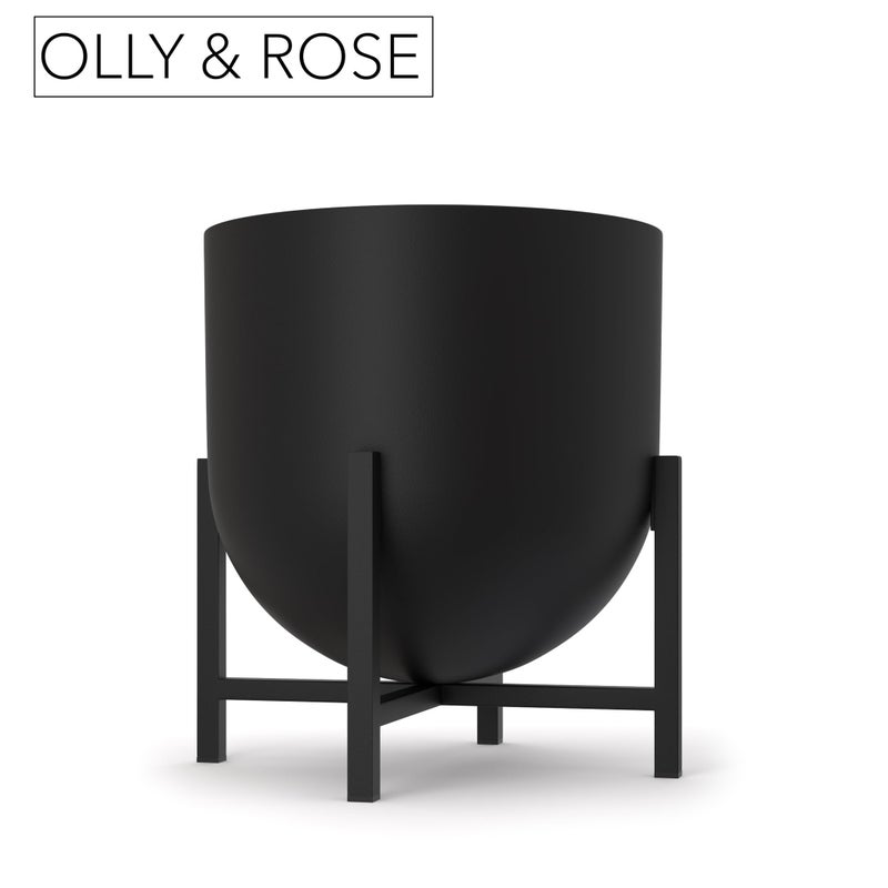 Olly & Rose Plant Pot with Plant Stand - Metal Plant Pots Indoor Planter 22cm Large Flower Pot (Black) - Image 4