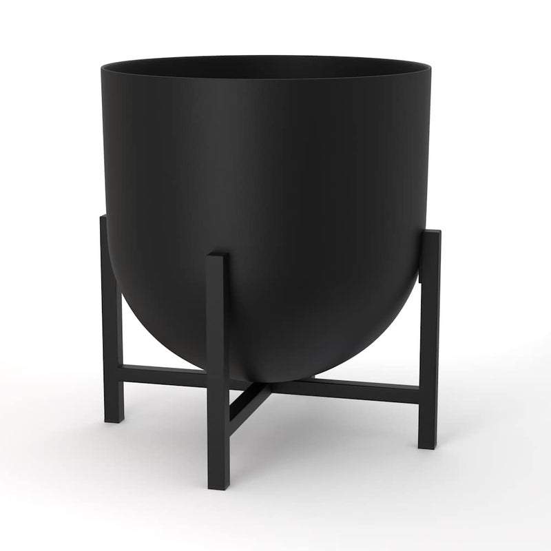 Olly & Rose Plant Pot with Plant Stand - Metal Plant Pots Indoor Planter 22cm Large Flower Pot (Black) - Image 1