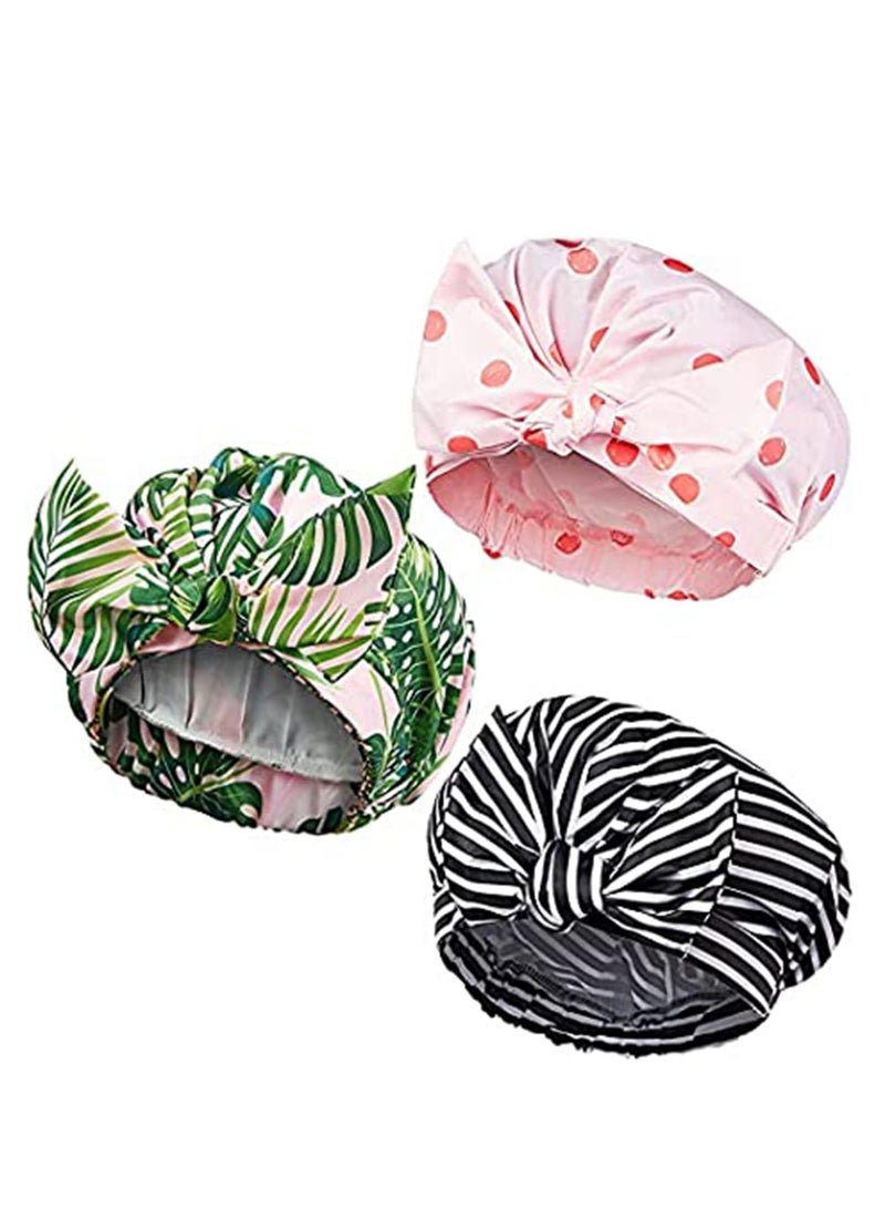 Oasisgalore 3PCS Waterproof Shower Caps for Women，Elastic Hem Turban Shower Bath Caps Bowknot Silky Satin Bath Hair Caps for Long, Short and Curly Hair (3 styles)  - Image 1
