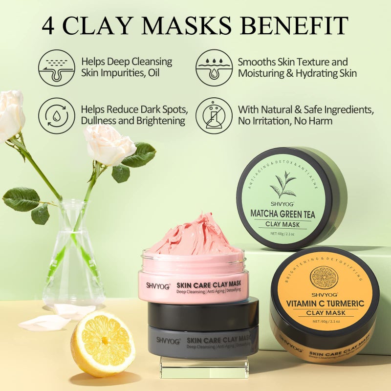 SHVYOG 4 Pcs Clay Facial Mask Set - Turmeric, Vitamin C, Green Tea, Dead Sea Mud, and Rose Clay Skin Care Mask for Deep Cleansing, Moisturizing, and Refining Pores - 240g - Image 3