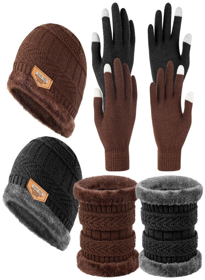 suoundey 6Pcs Adult Winter Knit Hat Scarf Touchscreen Gloves Set Beanie Cap Neck Gaiter Scarf 3-in-1 Warm Set for Women Outdoor Activity (Black & Brown) - Image 1