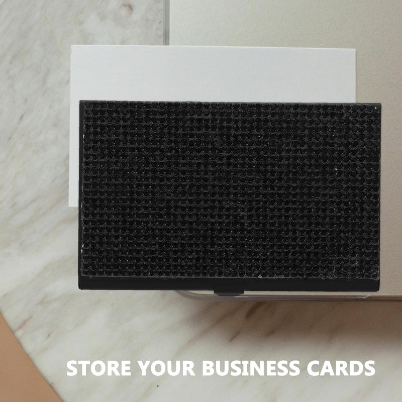 Black Metal Business Card Holder with Rhinestones Portable Office Desk Organizer Case - Image 5