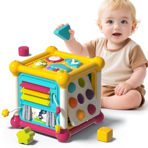PANITU Baby Activity Cube 6in1 Educational Early Development Toy with 4 Sensory Shape Blocks Music Busy Board Montessori Toys for 1 2 Year Old Christmas Birthday Gift for 1 Year Old - Image 1