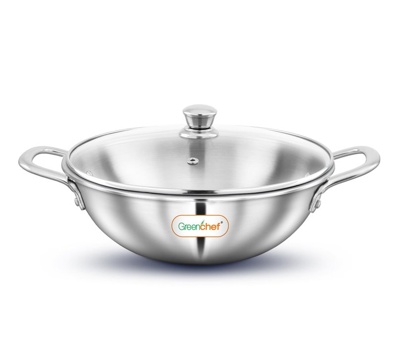 GREENCHEF SS Tri ply Steel Crest - Kadai 22 cm with Glass Lid, Stainless Steel Exterior Surface, Ergonomic Handles, Induction Compatible, Scratch Resistant, 5Year Warranty - Image 1