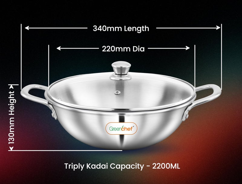 GREENCHEF SS Tri ply Steel Crest - Kadai 22 cm with Glass Lid, Stainless Steel Exterior Surface, Ergonomic Handles, Induction Compatible, Scratch Resistant, 5Year Warranty - Image 4