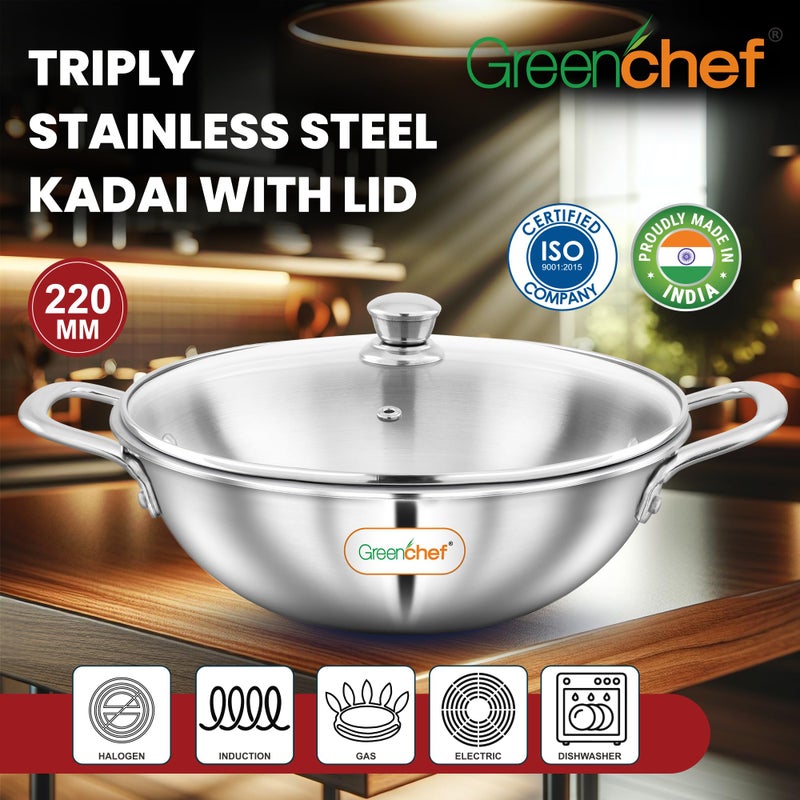GREENCHEF SS Tri ply Steel Crest - Kadai 22 cm with Glass Lid, Stainless Steel Exterior Surface, Ergonomic Handles, Induction Compatible, Scratch Resistant, 5Year Warranty - Image 2