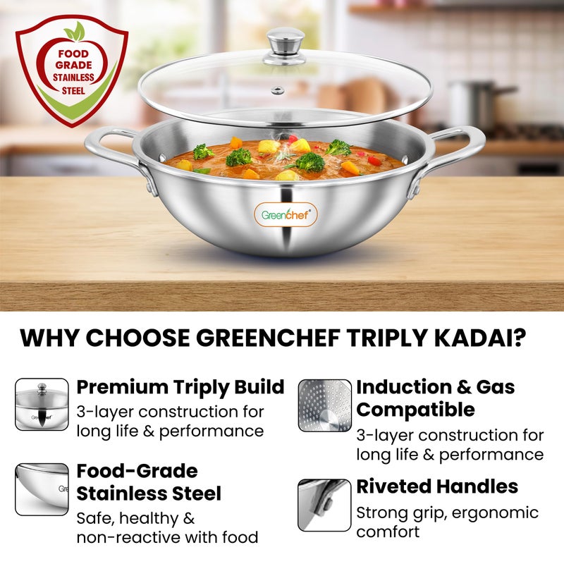 GREENCHEF SS Tri ply Steel Crest - Kadai 22 cm with Glass Lid, Stainless Steel Exterior Surface, Ergonomic Handles, Induction Compatible, Scratch Resistant, 5Year Warranty - Image 5