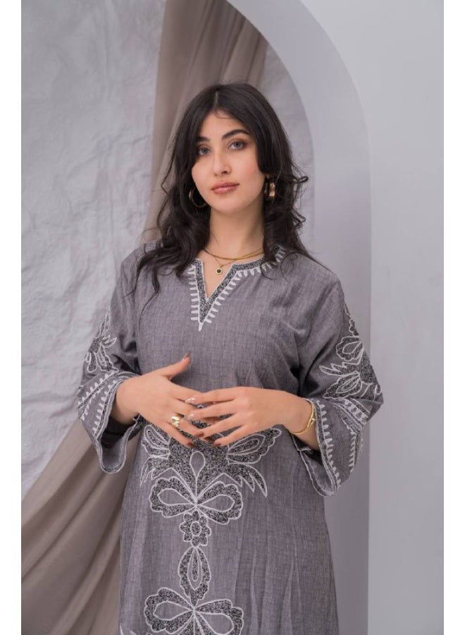 AFandina Linen jalabiya with delicate details that add a touch of luxury A-386 - Image 1