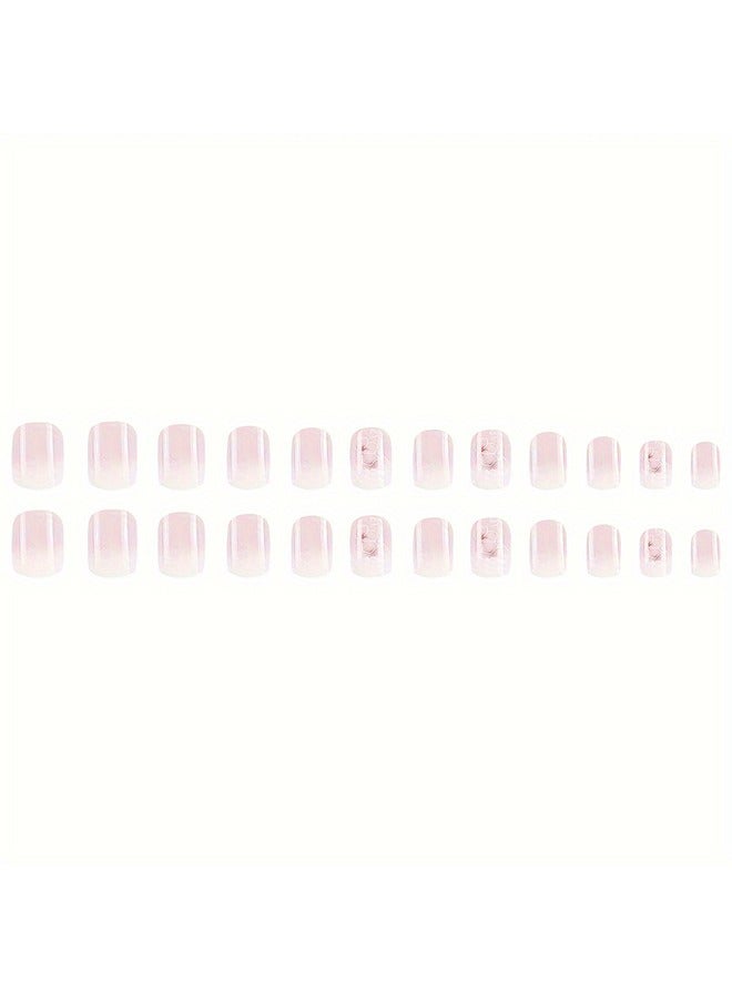 Generic 24pcs Glossy Short Square Fake Nails, White Pinkish Gradient Press On Nails With Flower Design, Sweet Cool Full Cover False Nails For Women Girls - Image 2