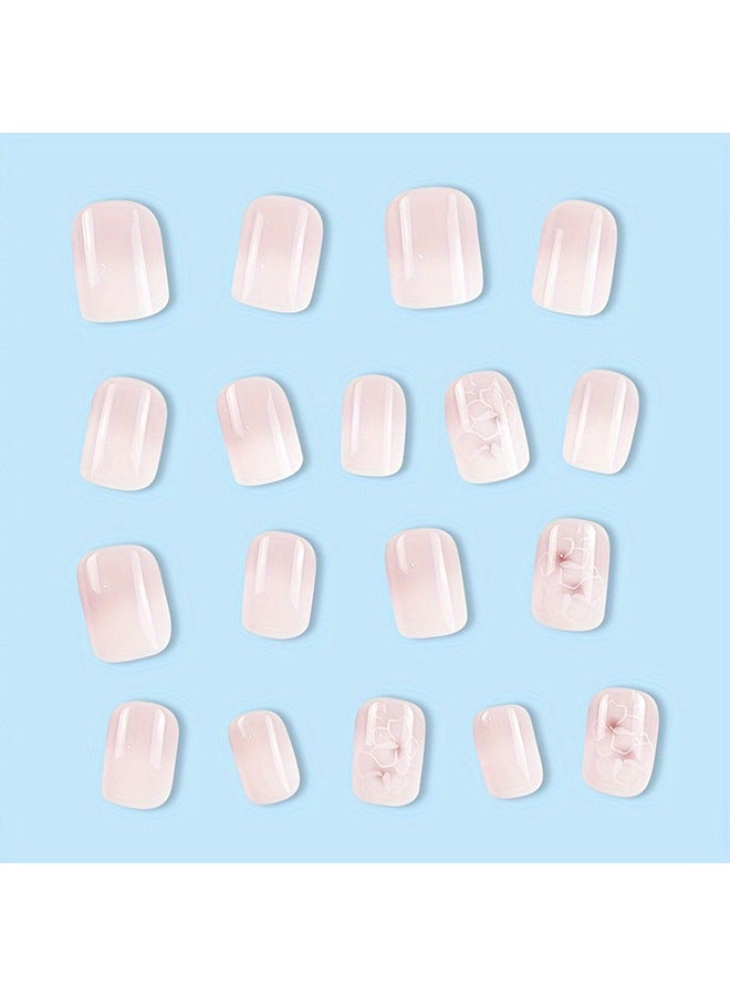 Generic 24pcs Glossy Short Square Fake Nails, White Pinkish Gradient Press On Nails With Flower Design, Sweet Cool Full Cover False Nails For Women Girls - Image 5