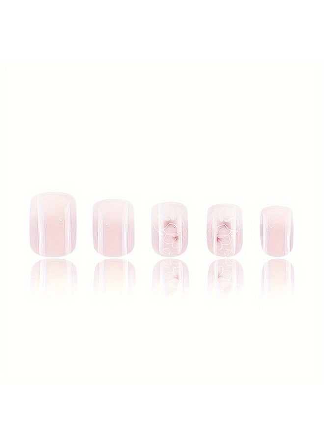 Generic 24pcs Glossy Short Square Fake Nails, White Pinkish Gradient Press On Nails With Flower Design, Sweet Cool Full Cover False Nails For Women Girls - Image 3