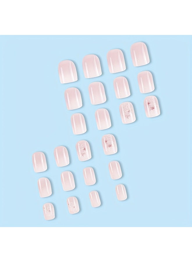 Generic 24pcs Glossy Short Square Fake Nails, White Pinkish Gradient Press On Nails With Flower Design, Sweet Cool Full Cover False Nails For Women Girls - Image 4