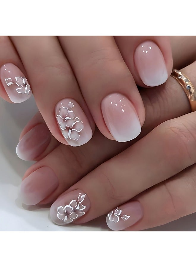 Generic 24pcs Glossy Short Square Fake Nails, White Pinkish Gradient Press On Nails With Flower Design, Sweet Cool Full Cover False Nails For Women Girls - Image 1