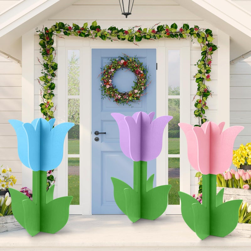 Vercraft 3 Pcs Spring Outdoor Tulip Decorations 3D Large Easter Wooden Tulip Yard Signs Rustic Flower Porch Decorations for Home Spring Party Porch Yard Garden Front Door, 15.75 Inch - Image 2