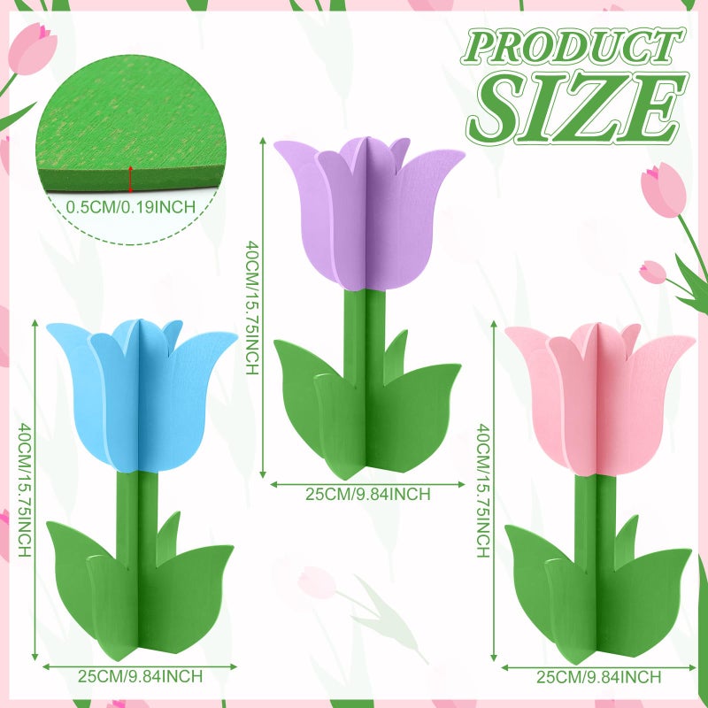 Vercraft 3 Pcs Spring Outdoor Tulip Decorations 3D Large Easter Wooden Tulip Yard Signs Rustic Flower Porch Decorations for Home Spring Party Porch Yard Garden Front Door, 15.75 Inch - Image 3