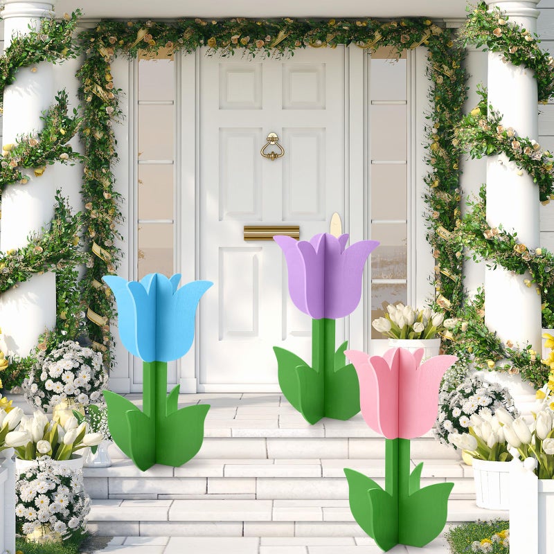 Vercraft 3 Pcs Spring Outdoor Tulip Decorations 3D Large Easter Wooden Tulip Yard Signs Rustic Flower Porch Decorations for Home Spring Party Porch Yard Garden Front Door, 15.75 Inch - Image 5