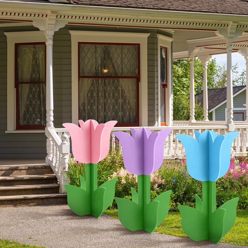 Vercraft 3 Pcs Spring Outdoor Tulip Decorations 3D Large Easter Wooden Tulip Yard Signs Rustic Flower Porch Decorations for Home Spring Party Porch Yard Garden Front Door, 15.75 Inch - Image 4