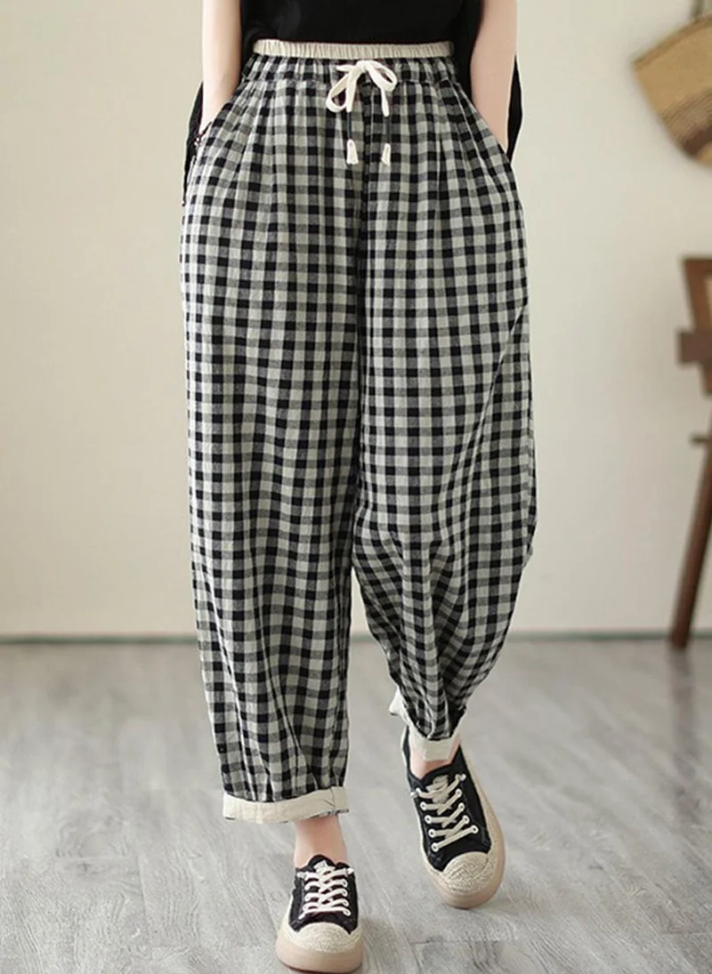 يونيكي Black Check Cotton Trouser