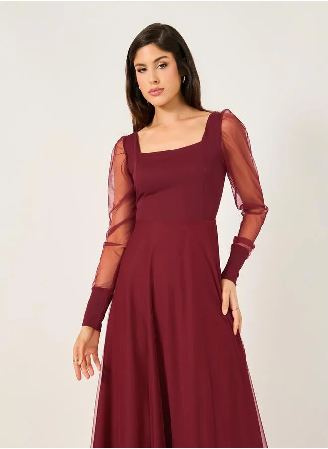 ستايلي Mesh Insert Puff Sleeve Square Neck Maxi Dress