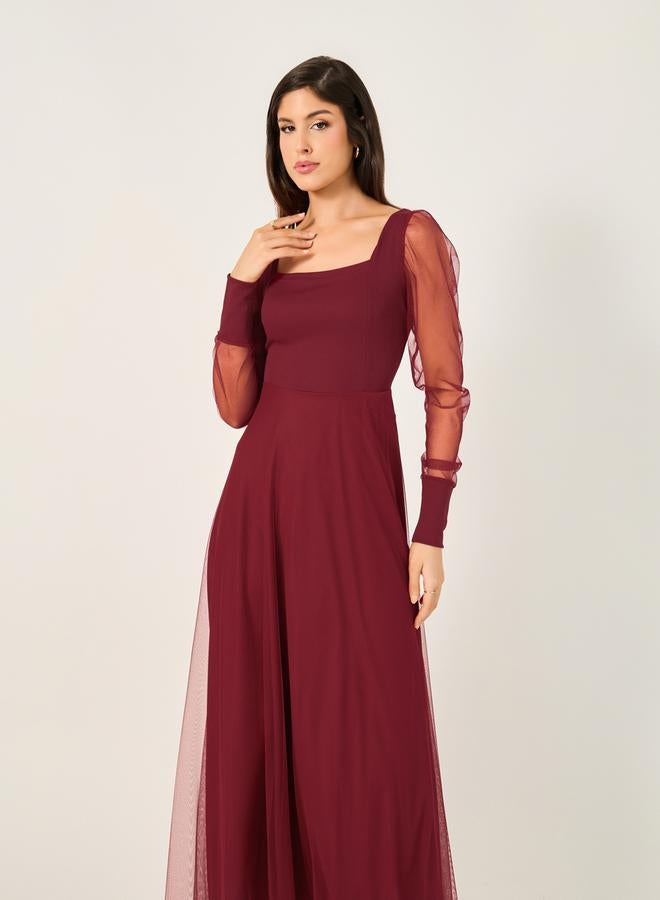 Styli Mesh Insert Puff Sleeve Square Neck Maxi Dress - Image 5
