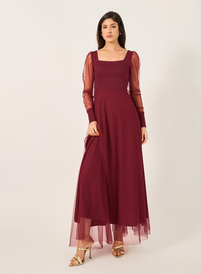 Styli Mesh Insert Puff Sleeve Square Neck Maxi Dress - Image 4