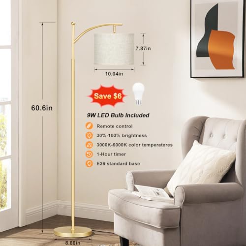 Ambimall 60" Gold Floor Lamp with Remote Control and Stepless Dimmable Bulb, Colors Temperature & Brightness Adjustable, Modern Floor Lamps for Living Room, Beige Shade & Gold Pole - Image 2