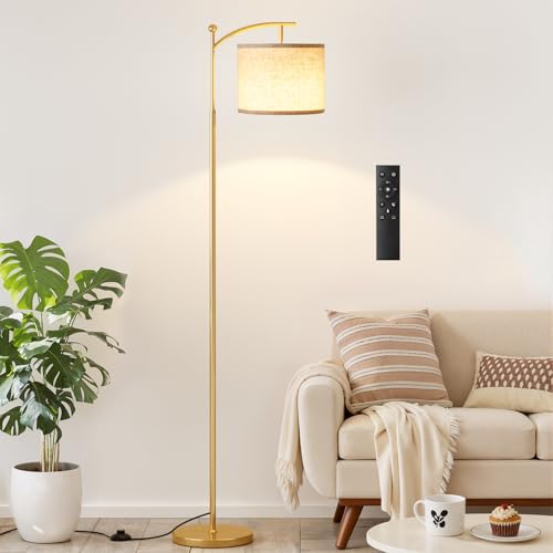 Ambimall 60" Gold Floor Lamp with Remote Control and Stepless Dimmable Bulb, Colors Temperature & Brightness Adjustable, Modern Floor Lamps for Living Room, Beige Shade & Gold Pole - Image 1