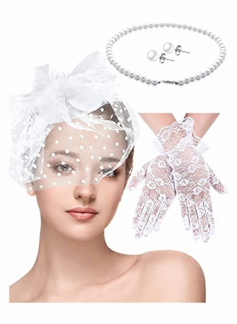 4 Pieces Fascinator Hat with Veil, Lace Gloves, Faux Pearl Necklace and Earrings, Vintage Costume Accessories Set for Women Wedding Tea Party - Image 1