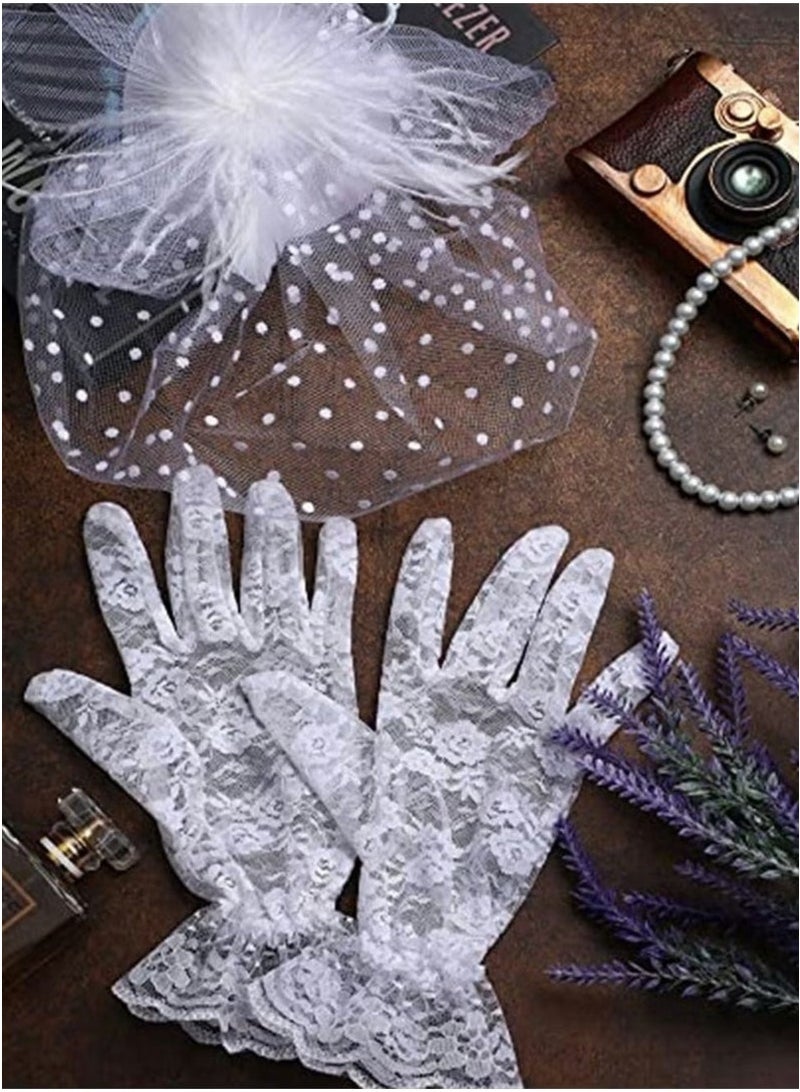 4 Pieces Fascinator Hat with Veil, Lace Gloves, Faux Pearl Necklace and Earrings, Vintage Costume Accessories Set for Women Wedding Tea Party - Image 5