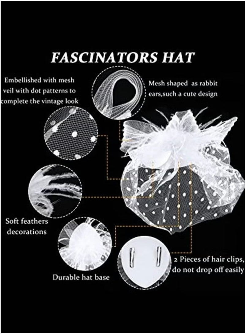 4 Pieces Fascinator Hat with Veil, Lace Gloves, Faux Pearl Necklace and Earrings, Vintage Costume Accessories Set for Women Wedding Tea Party - Image 2