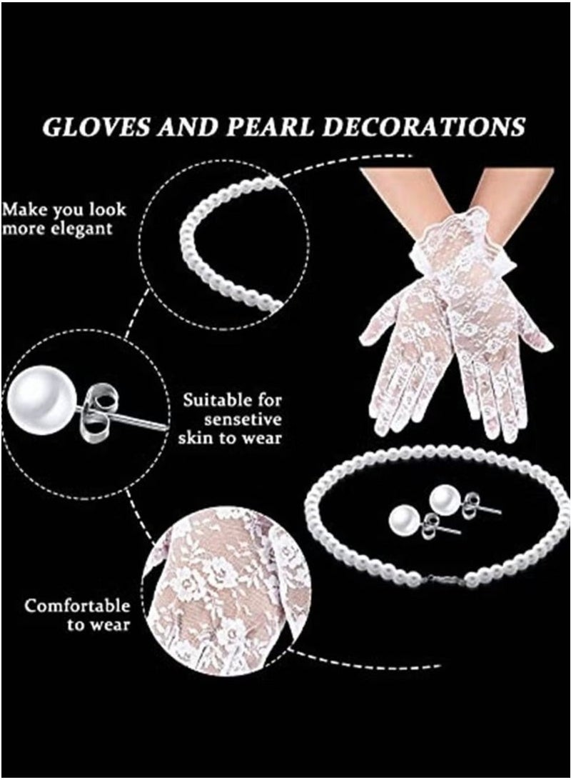 4 Pieces Fascinator Hat with Veil, Lace Gloves, Faux Pearl Necklace and Earrings, Vintage Costume Accessories Set for Women Wedding Tea Party - Image 4