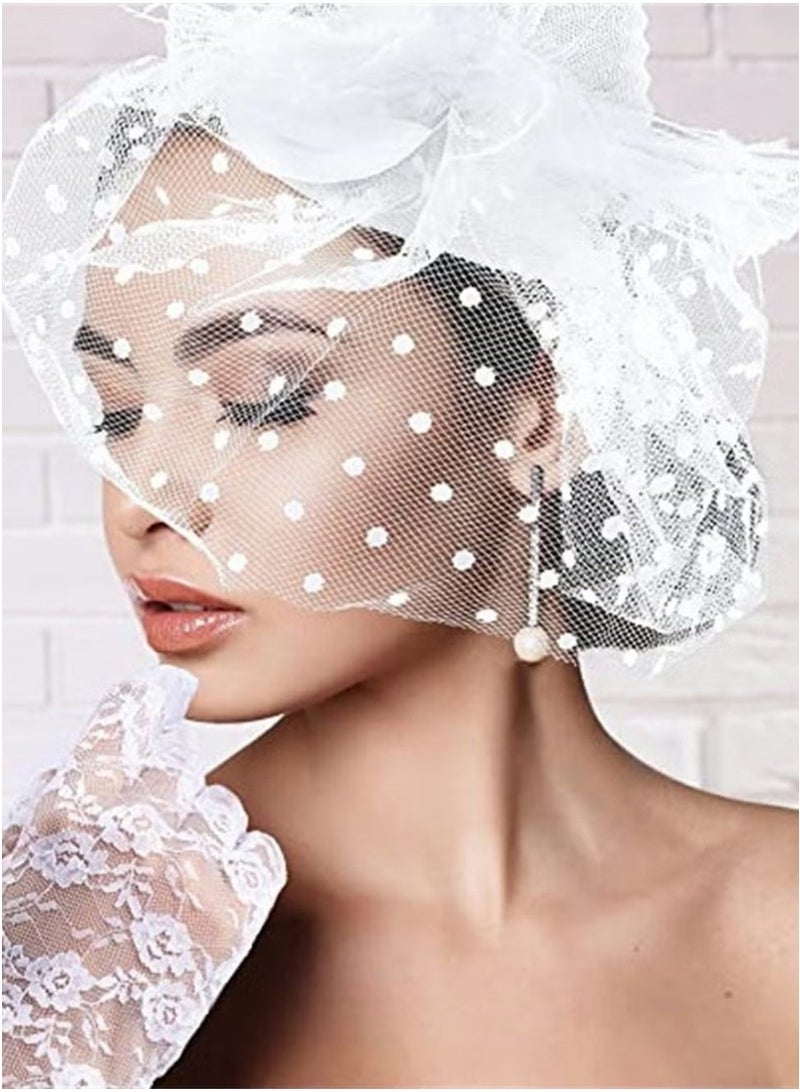 4 Pieces Fascinator Hat with Veil, Lace Gloves, Faux Pearl Necklace and Earrings, Vintage Costume Accessories Set for Women Wedding Tea Party - Image 3